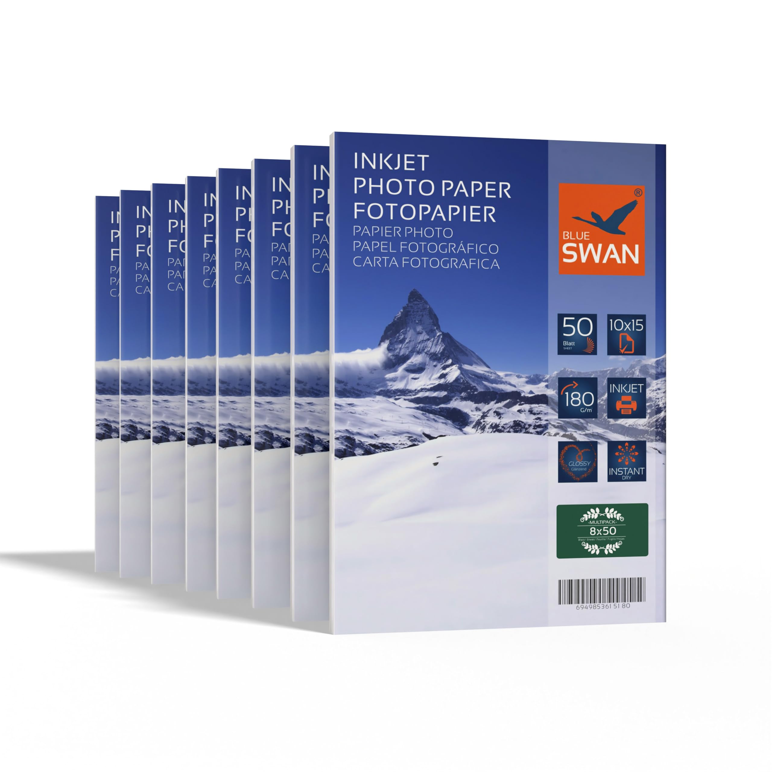 BLUE SWAN 10×15 cm Glossy Photo Paper, 180gsm, 400 Sheets – Water-Resistant, Quick Drying, Scratch-Resistant – for Photos & Albums – Compatible with Inkjet Printers