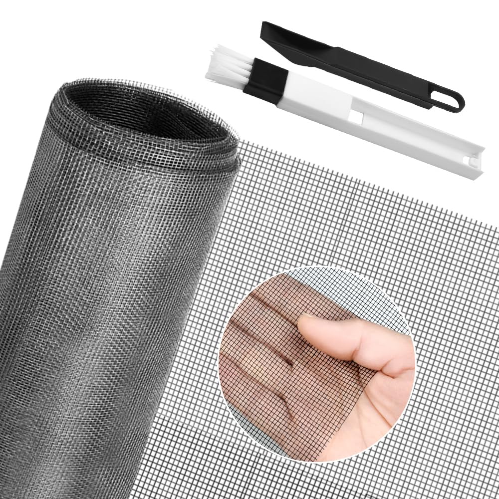 BUZIFU Window Screen Mesh 150 x 500cm Fiberglass Screen Fly Screen Wire Mesh Insect Mesh Replacement Cuttable Mosquito Net Pet Screen with Cleaning Brush for Windows Doors Patio, Cat-Proof, Grey