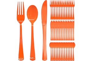 JOY AKKESS 300 Pack Orange Plastic Silverware, Orange Plastic Cutlery Includes 100 Forks, 100 Spoons, 100 Knives for Birthday, Fall Party, Halloween, Thanksgiving