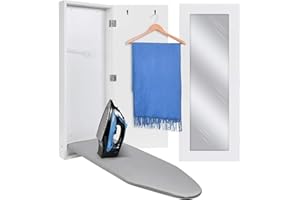 Ivation Wall-Mounted Ironing Board Cabinet with Mirror, Foldable Ironing Storage Station for Home, Apartment, Easy-Release Lever, Garment Hooks, White