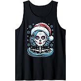 Christmas Sugar Skull Art Woman Santa Hat Festive Design Tank Top