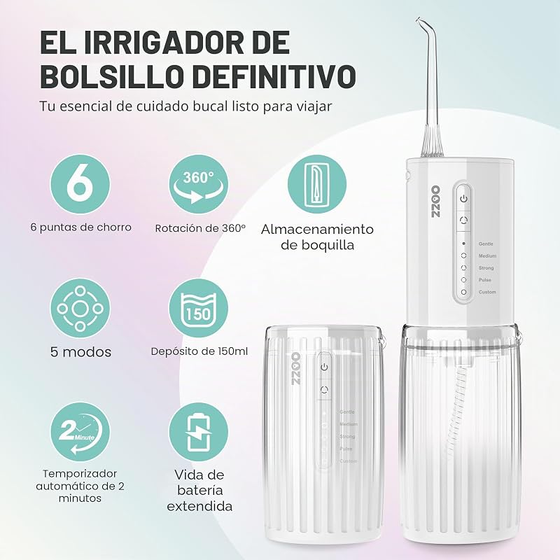 Irrigador bucal de viaje, irrigador oral de bolsillo inalámbrico, 5 modos de presión, 6 puntas de chorro, diseño compacto recargable por USB (Nube)