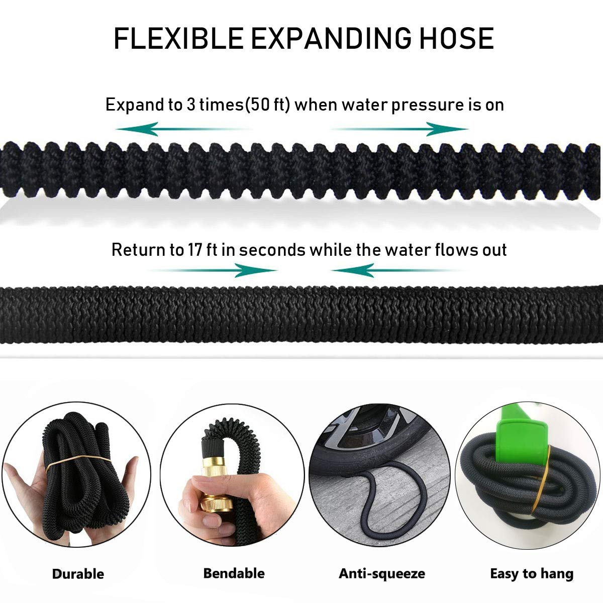 Garden Hose, Lightweight Expandable Water Hose Set,Outdoor Expanding Flexible Double Latex Core Yard Hose with 3/4 Solid Brass Fitting,9 Functions Spray Nozzle and Hanger