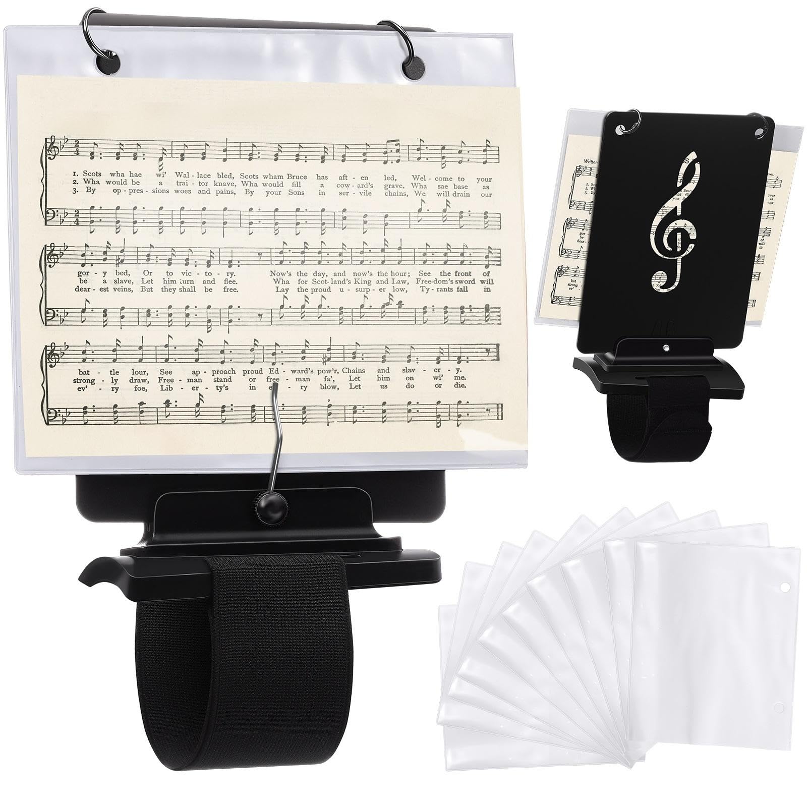 Photo 1 of Canlierr Flute Lyre Flip Folder for Marching Band, 12 Pcs Waterproof 7.5 x 6.5 inches Double Sided Flip Folio Folder Pages with 2 Holes Adjustable Sheet Music Stand Holder for Clarinet Trumpet(White)