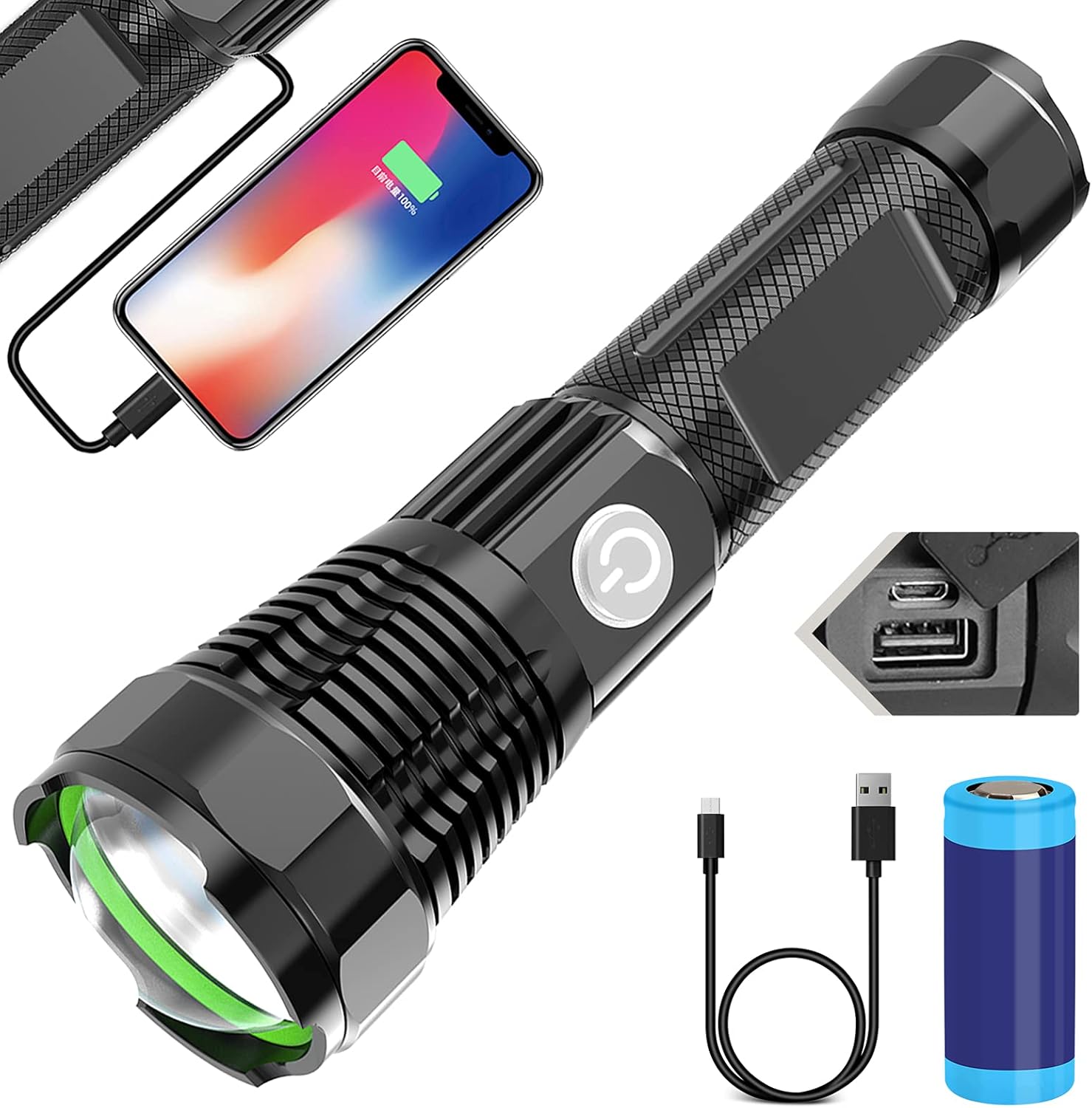 Flashlight with USB Charging Port, Charger for Phone - Wansurs LED Rechargeable Super Bright Tactical Electric Torch, Zoomable and Waterproof with Aluminum Shell and 26650 Battery (Black) - - 