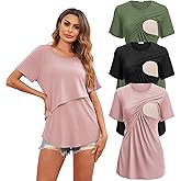 Ekouaer Women's Maternity Shirts Short Sleeves Nursing Tops 3 Pack Double Laye Breastfeeding Tees Pregnancy Clothes S-XXL