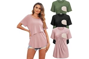 Ekouaer Women's Maternity Shirts Short Sleeves Nursing Tops 3 Pack Double Laye Breastfeeding Tees Pregnancy Clothes S-XXL