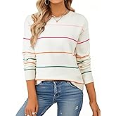SHEWIN Womens Sweaters Crew Neck Knit Long Sleeve Striped Sweater Fall Outfits for Women 2025