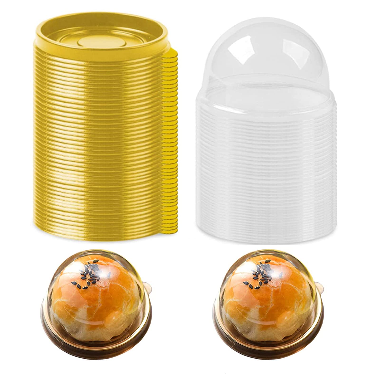 xocome Mini Cake Box, Cupcake Container, Mooncake Boxes Muffin Pod Dome Muffin Single Cupcake Holders Individual Cupcake Containers (Golden, 50pc)