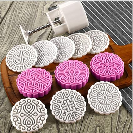 Hand Pressure Maker Mould+ 8 Pcs 100g Flower Stamps Mode Plunger Kit Baking Pastry Decor Tool Plastic Cookies Cutter Moon Cake Mould Kitchen DIY Bakeware Molds 9pcs/Set Round Mooncake Mold