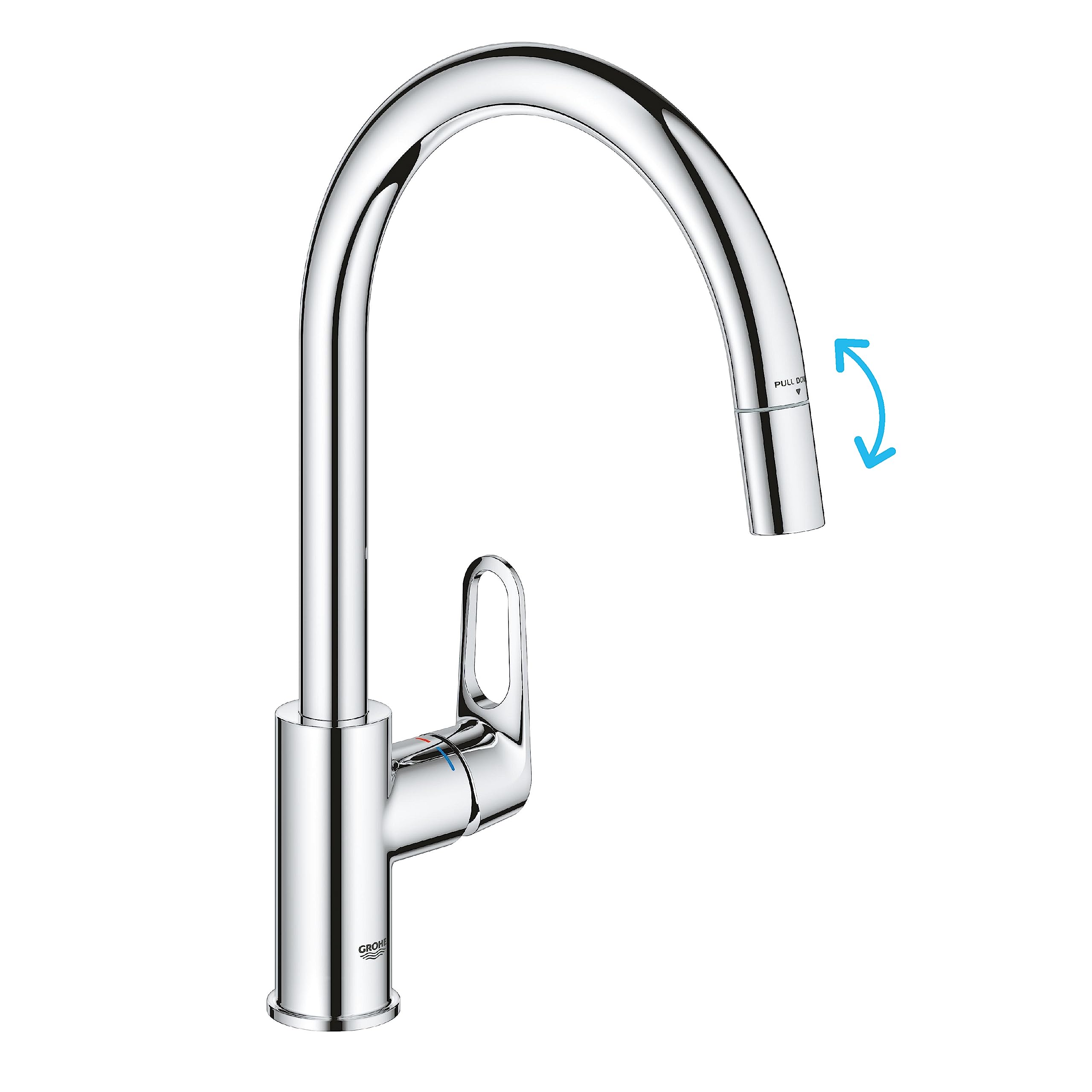 GROHE Start Flow QuickFix - Extenable Kitchen Mixer Tap with Pull-Out Function (High C-spout, 360° Swivel Area, 28 mm Ceramic Cartridge, Tail 3/8 Inch, High Pressure), Size 357 mm, Chrome, 30569000