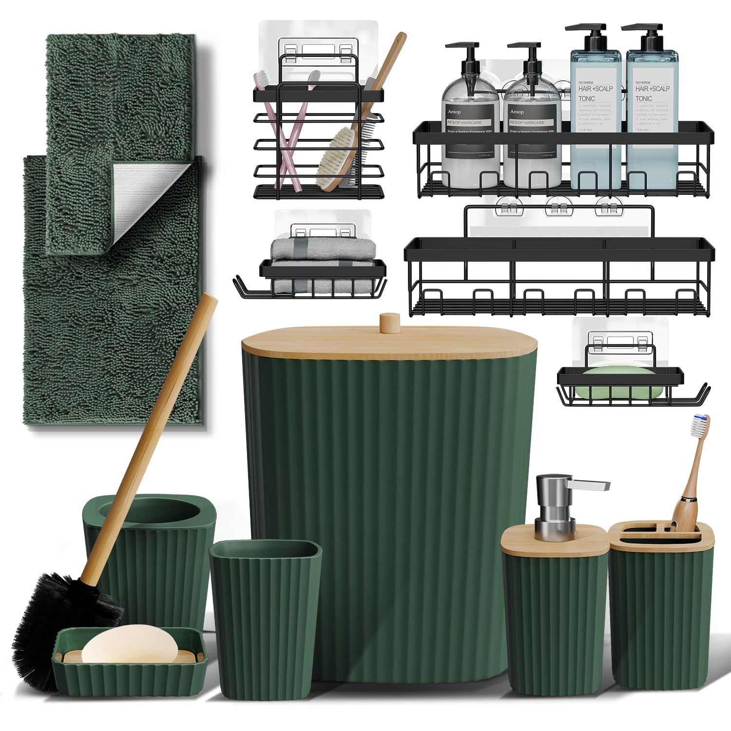 Clara Clark Bathroom Set - Hunter Green Bathroom Accessories Set, 6PC Bathroom Accessory Set, Bathroom Sets with Bathroom Rugs, Adhesive Corner Shower Caddy Hanging, Toilet Brush & Trash Can