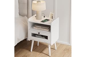 Masupu Nightstand with Charging Station,Mid-Century Modern Bedside Table with Storage Drawer and Open Wood Shelf,Small End Side Table with Glass Decorative Door for Bedroom,Living Room,White
