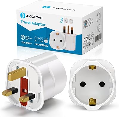 Aigostar 2 Pack EU to UK Travel Adapter Plug, Schuko 2 Pin to 3 Pin Converter