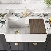 Nuie White Kitchen Sink 33 inch Single Bowl Apron Front Farmhouse Sink with Ledge, Grid and Cutting Board, Fireclay Ceramic K