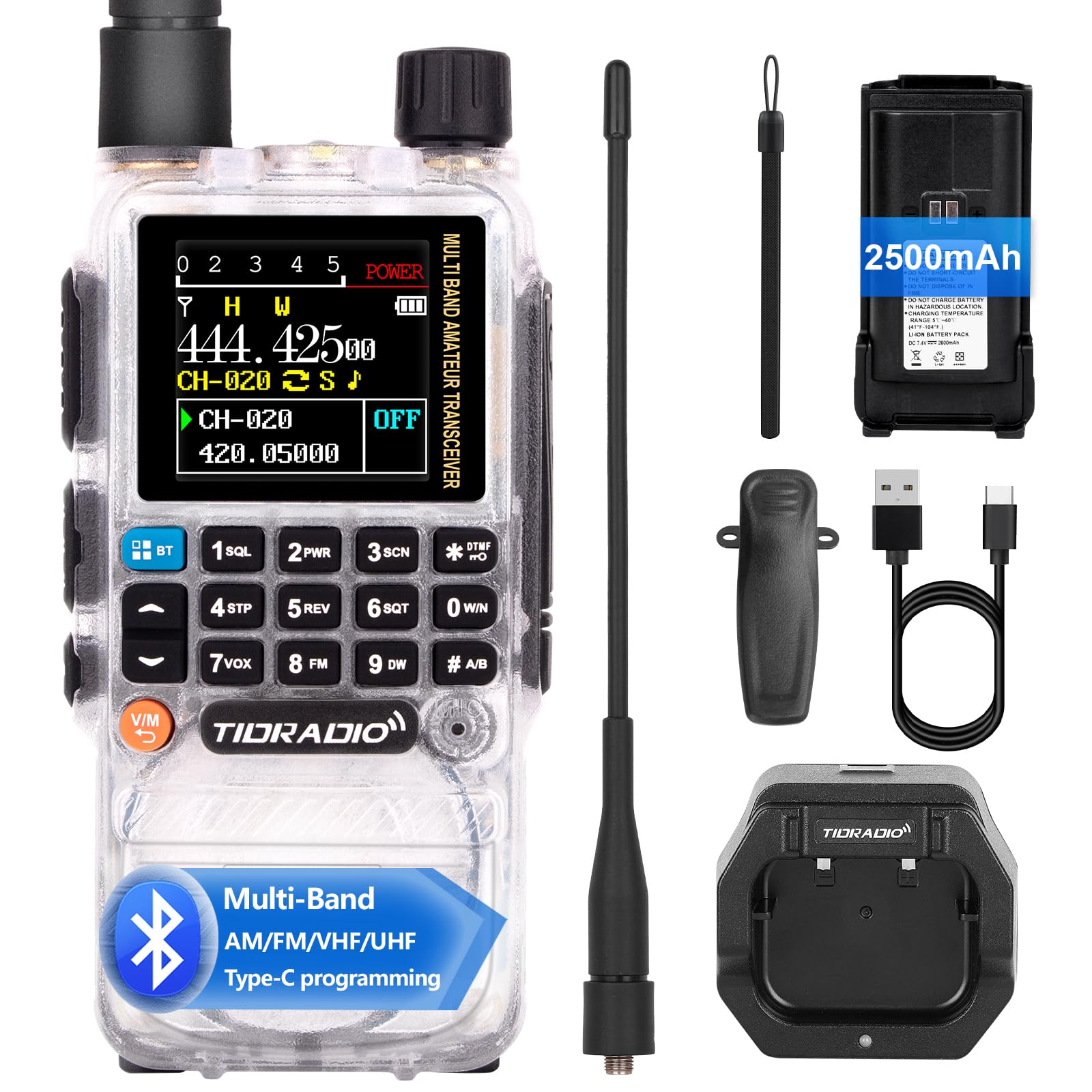 TIDRADIO TD-H3 Ham Radio, APP/Web Bluetooth Programming, 8-Band, Freq Copy, DTMF, NOAA Weather, 2500mAh, Airband, Walkie Talkies for Adults, Handheld Long Range Two Way Radio uk-Crytal,1 Pack
