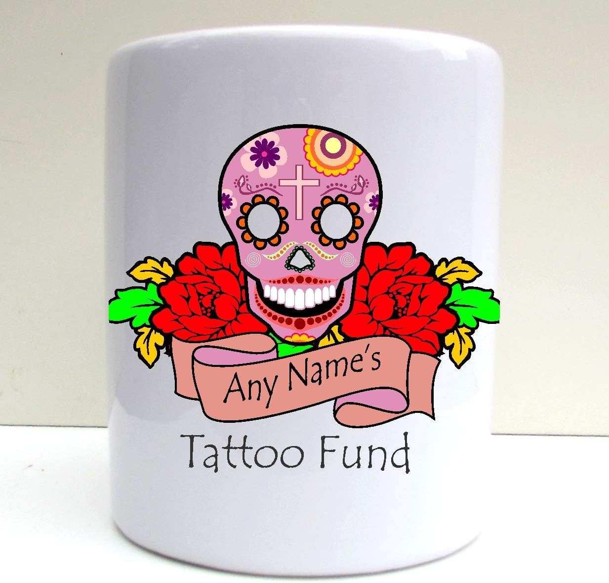 PRESENT2FUTURE PERSONALISED TATTOO FUND SKULL CANDY STYLE PRINT CERAMIC MONEYBOX SAVINGS FUND