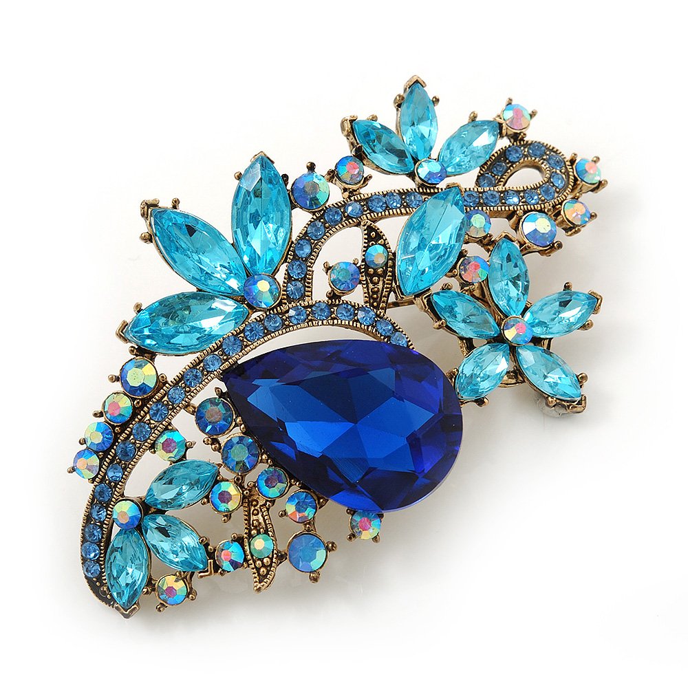 Vintage Inspired Azure, Sky Blue, Navy Blue Austrian Crystal Floral Corsage Brooch In Antique Gold Metal - 80mm Length