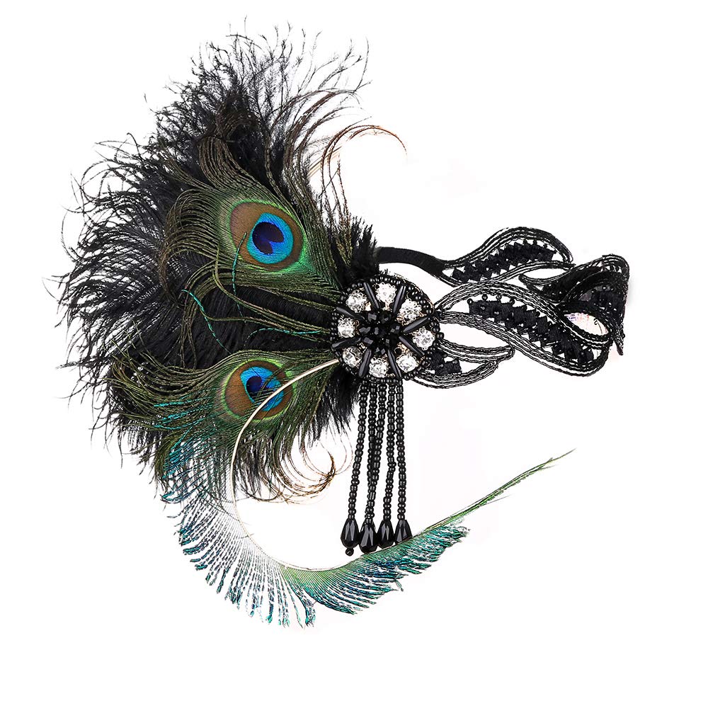 JISEN 1920s Flapper Vintage Peacock Feather Gatsby Beaded Tassel Headpiece Green