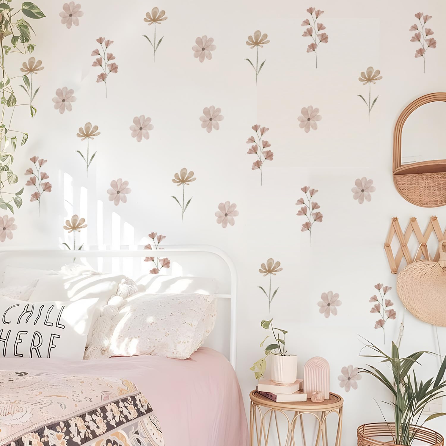 Photo 1 of YouRfocus Daisy Wall Decals | 84 PCS Boho Flower Stickers for Girls' Rooms, Playrooms, and Nurseries | Dual Layer Print for High Coverage | Removable Peel and Stick Wall Decor (Pink-B) | 12 Sheets