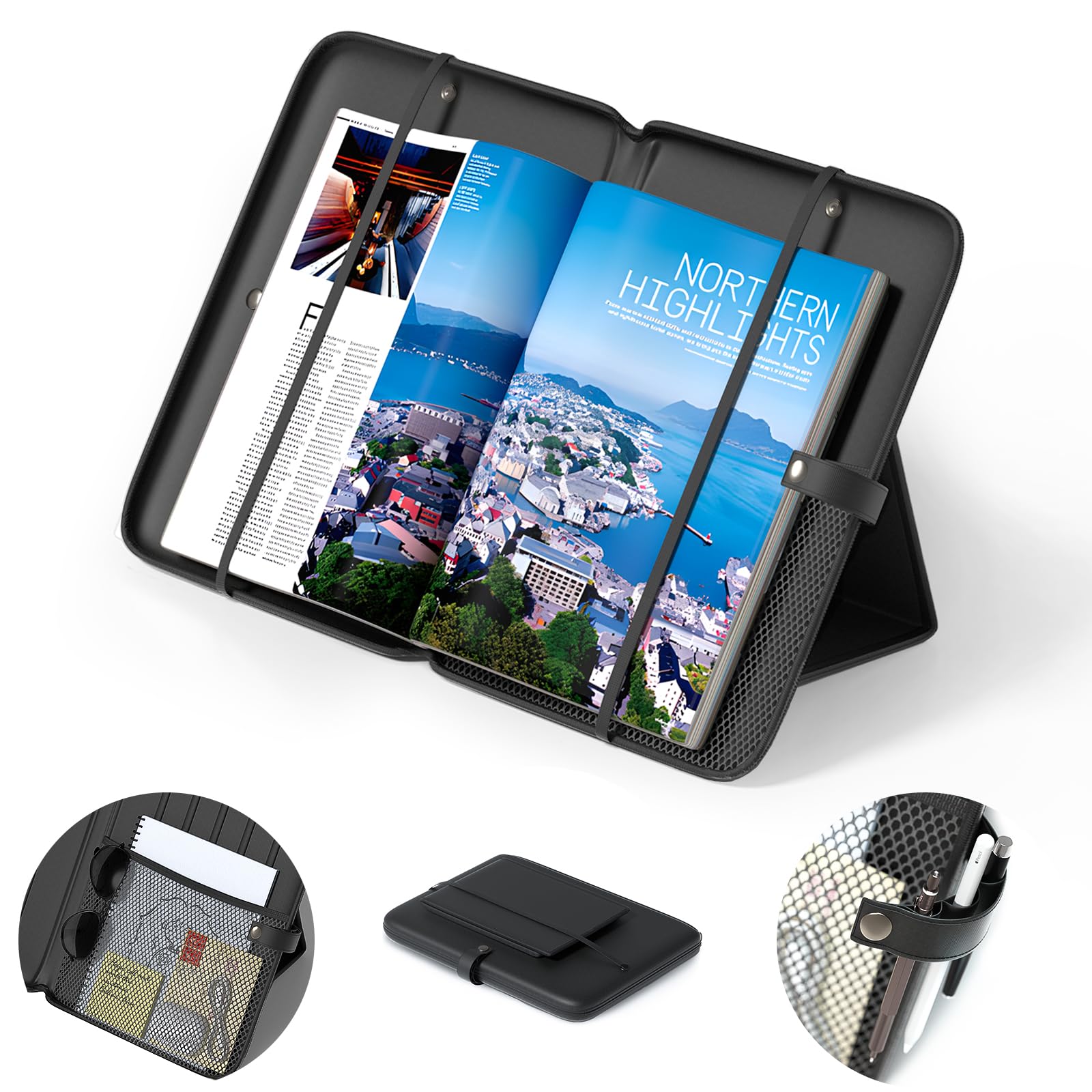 Photo 1 of KDD 3 in 1 Book Holder Stand for Reading, Portable Desktop Bookstand with Mesh Storage Bag, 3 Pen Slots & Adjustable Straps, Lightweight Book Sleeve Fits Tablets, E-Readers, Cookbooks & Sheet Music