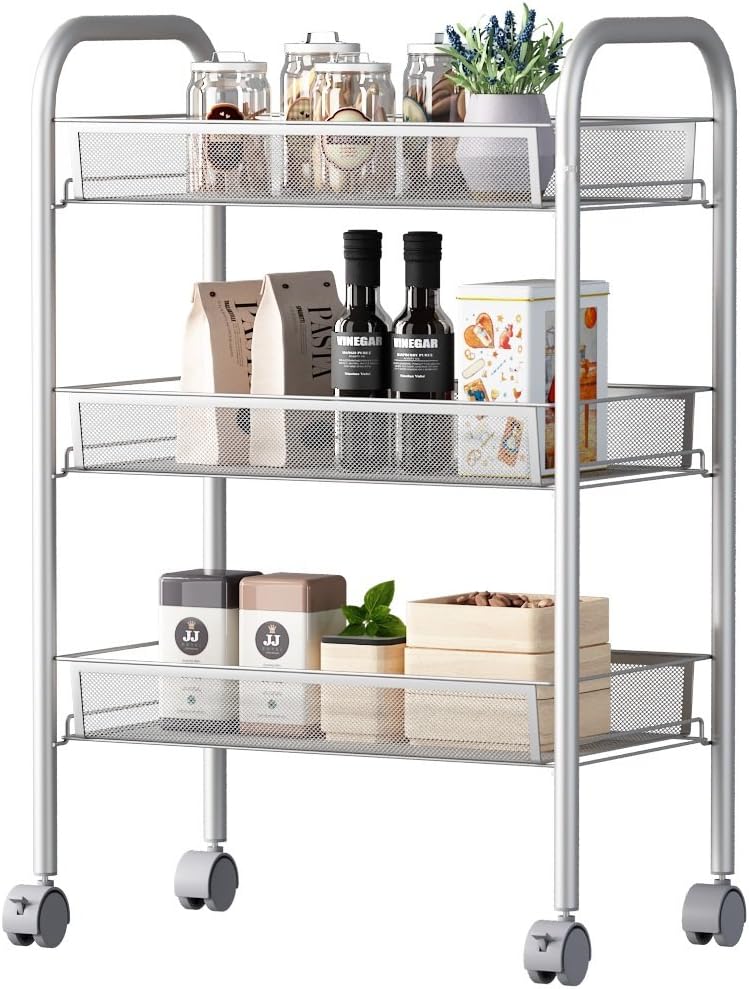 renzhongren USUN Life Store Storage Rack Shelving Unit Basket Basket Cart Kitchen Tableware 3-Shelf D10.2 W17.5 H25.1 Silver Steel Shelves WJM4663-3SL