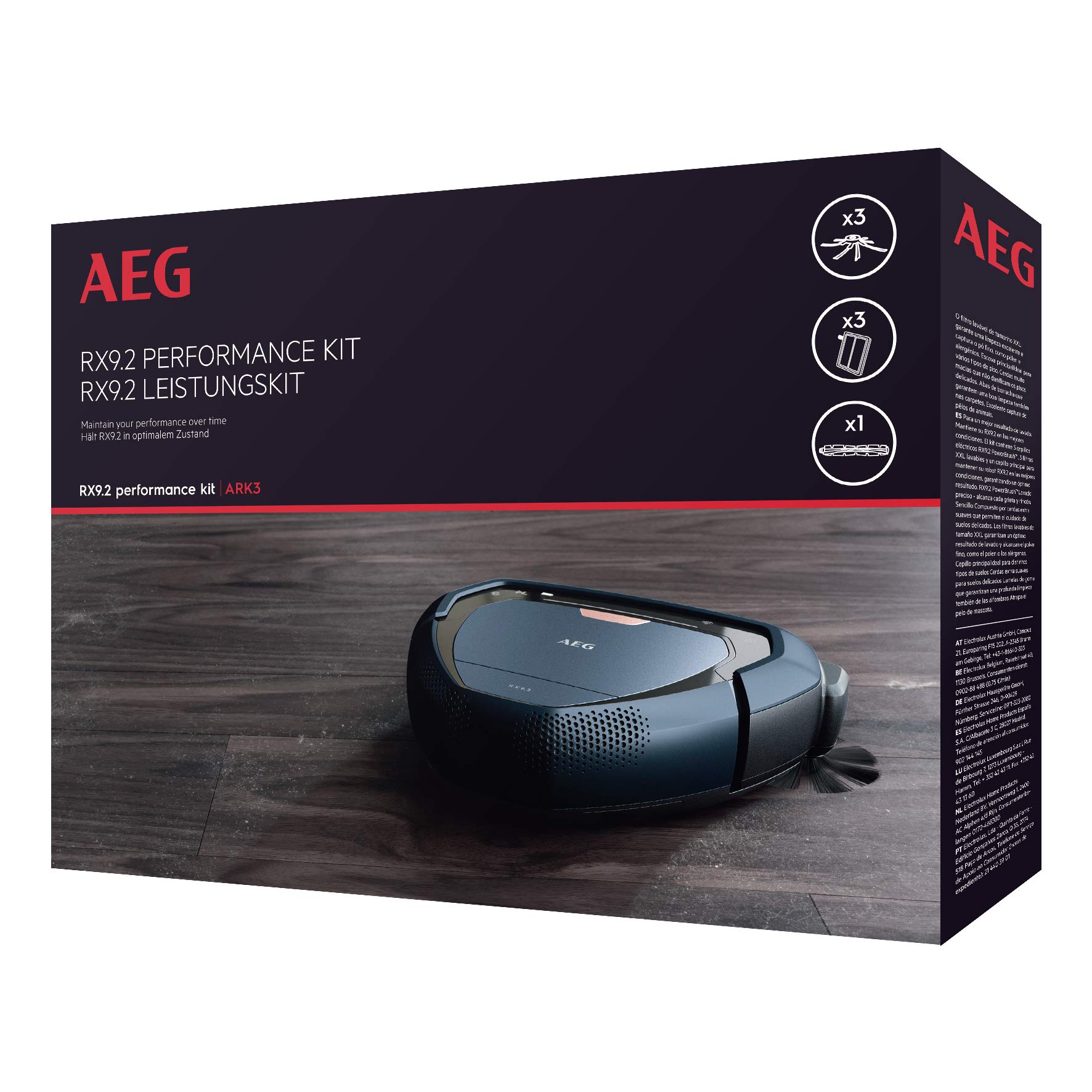 AEG ARK3 - Performance Kit, Robot Vacuum Cleaner Accessories with Brush Roll, 3 XXL Washable Filters & 3 Side Brushes, Improved Dust & Pet Hair Pickup, Compatible RX9-2 Models