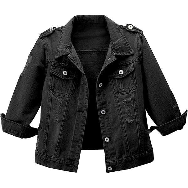 uxcell Women Plus Size Button Closed Cropped Denim Jacket L Black