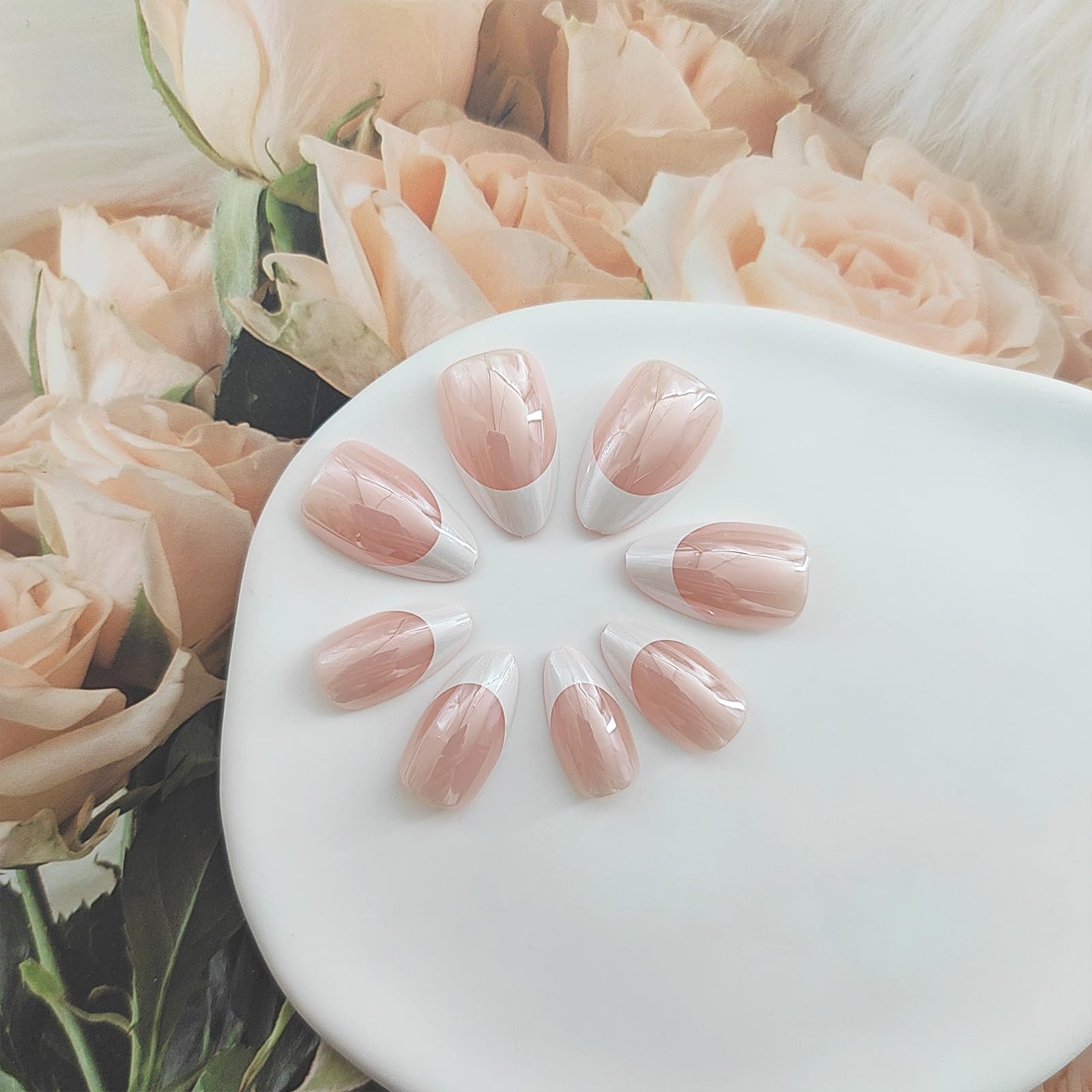 Chrome Press on Nails Short Almond Fake Nails White French Tip Nails Press ons Glossy Glue on Nails French Acrylic Nails Nude False Nails Artificial Stick on Nails for Women 30 Pcs - Image 4