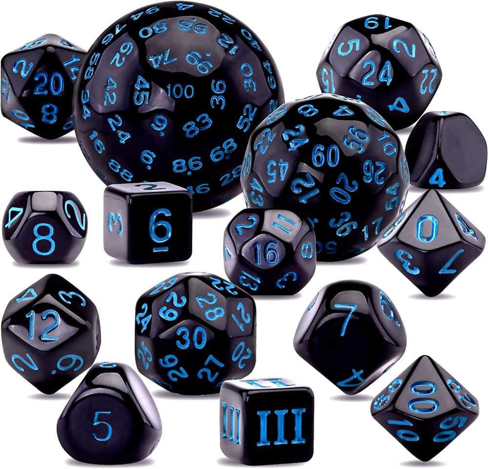DollaTek 15 Pieces Complete Polyhedral Dice Set D3-D100 Game Dice Set for Role Playing Table Games Black and Blue
