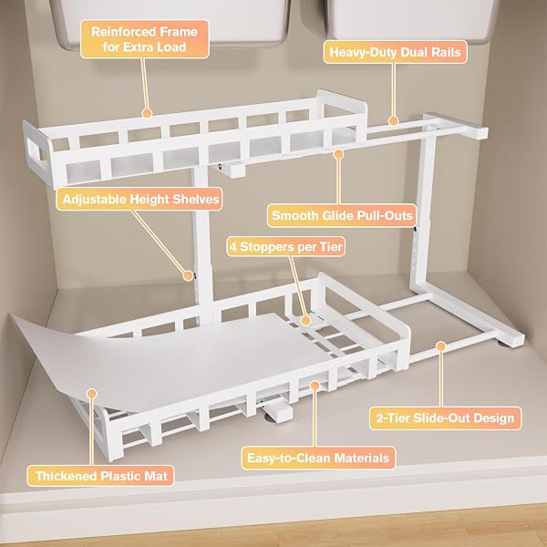 UNDER SINK ORGANIZER 2 PACK, METAL LARGE CAPACITY 2-TIER SLIDING CABINET STORAGE RACK, HEAVY-DUTY RUST-RESISTANT STEEL FRAME, HOLDS 50 LBS EACH, ADJUSTABLE HEIGHT 12–16″, 14″D X 11″W FOR HOME, WHITE