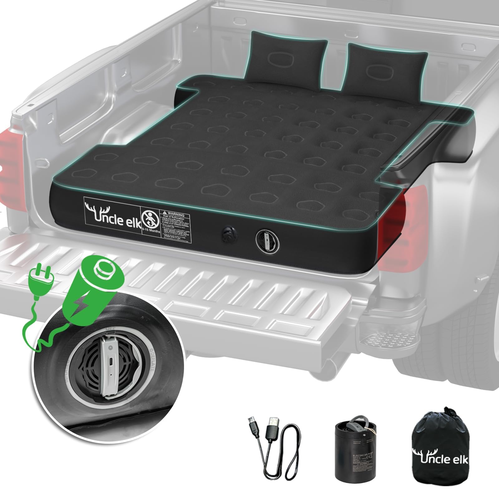 Photo 1 of Uncle Elk Truck Bed Mattress 5.5-5.8ft: Inflatable Full Size Truck Bed Air Mattress with Wireless Rechargeable Pump, Pickup Mattress with Carry Bag (Black)