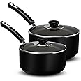 Utopia Kitchen Nonstick Stock Pot Saucepan Set with Lids, 1 Quart and 2 Quarts Multipurpose Stock Pots Set for Home, Kitchen or Restaurant, Black
