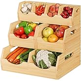 MTGSTOCL Upgraded 3 Tier Bamboo Pantry Storage Bins - Stackable Potato and Onion Storage Bin, Storage Baskets Airflow Vent Vegetable and Fruit Organizer with Handle, for Kitchen, Livingroom,Bathroom