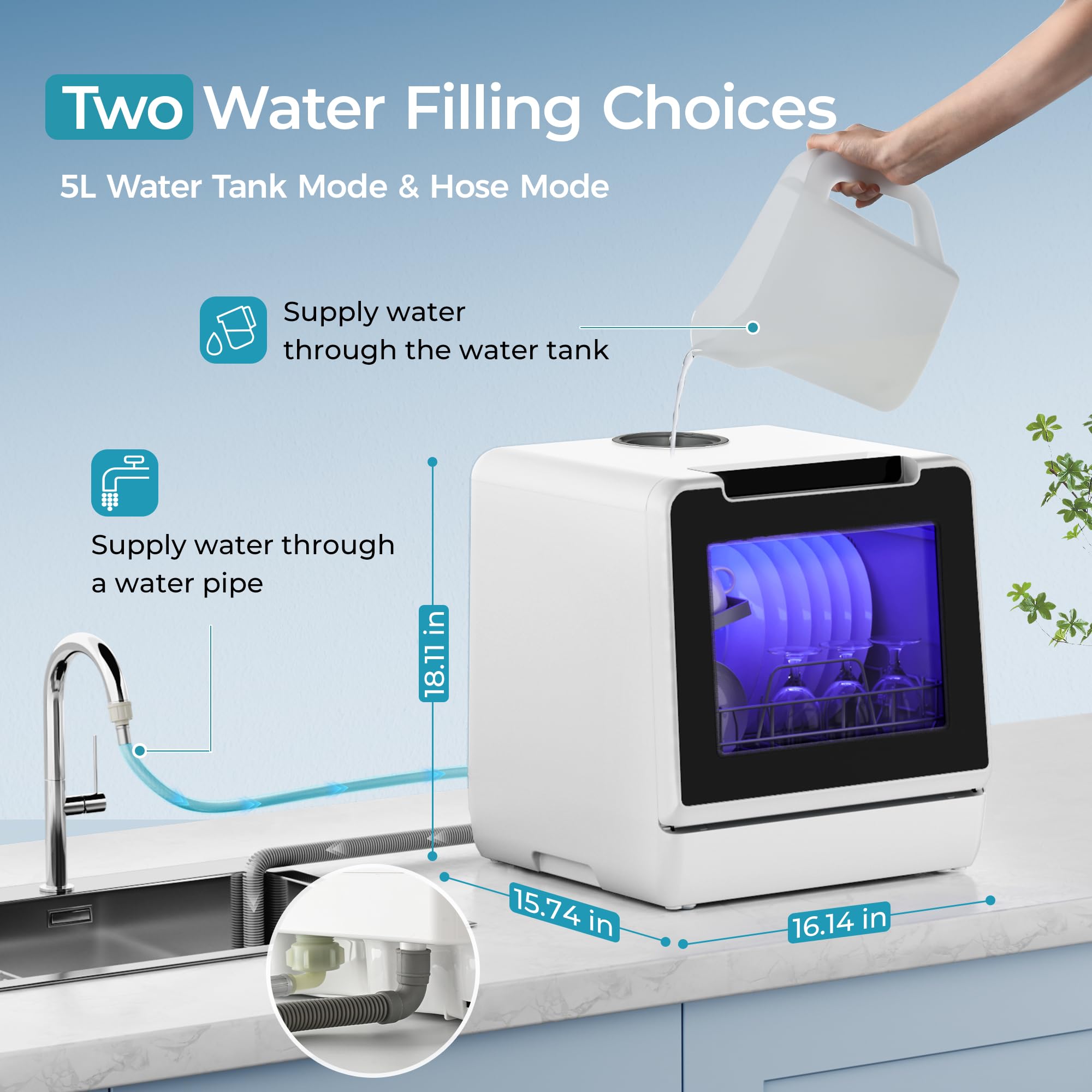 EUHOMY Countertop Dishwasher Portable, 8 Programs Mini Dishwasher with 5L Built-in Water Tank and Inlet hose, No Hookup Needed, Dish Washer with Self Clean/Baby Care/Air Dry, for Apartments & RVs