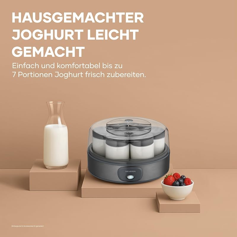 Joghurtbereiter, griechischer Art, inkl. 7 Joghurtgläser á 150ml für 1L selbstgemachten Joghurt, transparenter Deckel, Joghurt-Maschine für zuhause, Kippschalter, 18W, dark inox, JG 3510