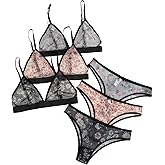 BEAUDRM Women's 3 Pack Floral Print Mesh Lingerie Set Wireless Low Rise Sheer Matching Bra and Panty Set