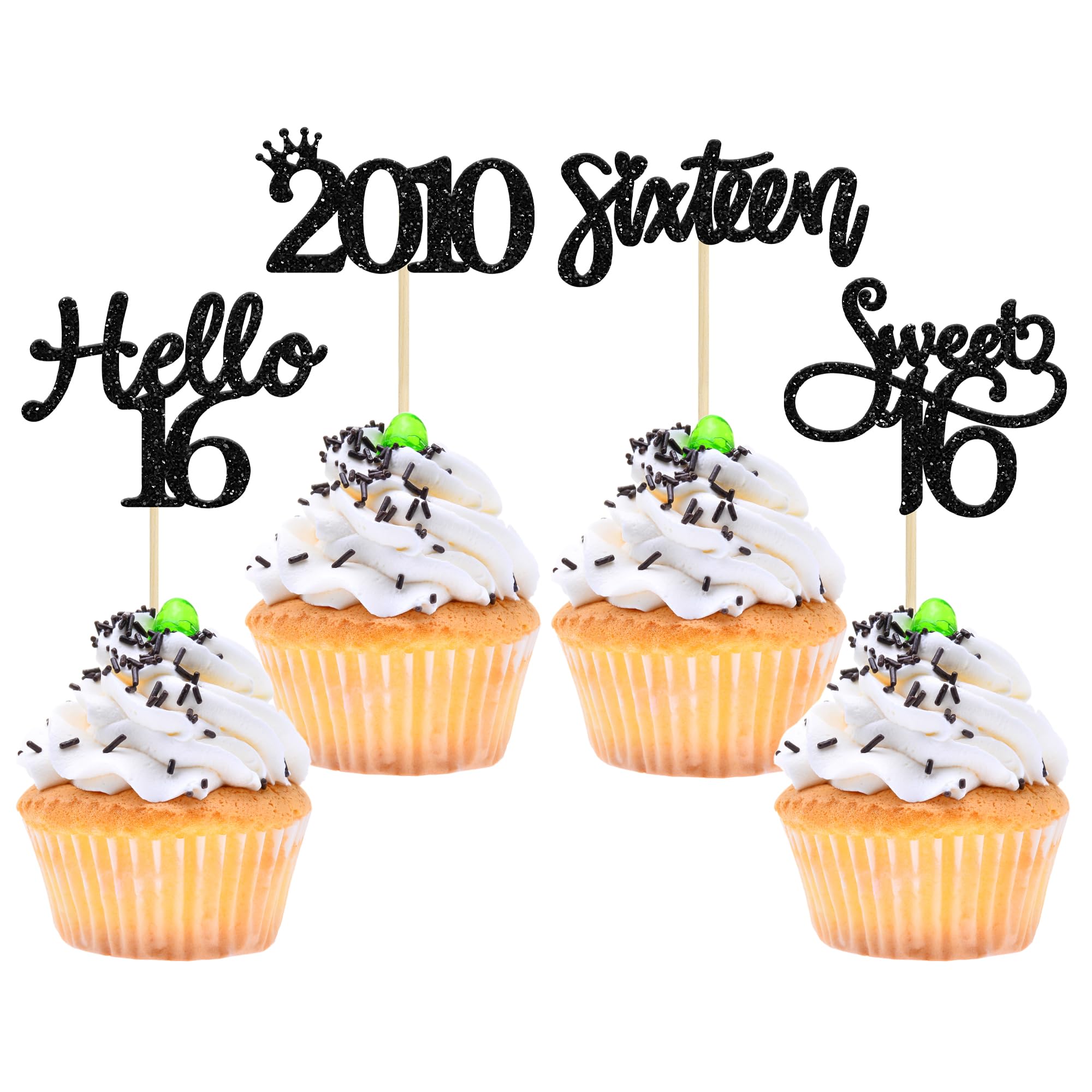 Gyufise 24 Pack Black Glitter 16th Birthday Cupcake Toppers Hello Sweet 16 Sixteen Since 2010 Cupcake Picks for 16th Birthday Party Cake Decorations Supplies
