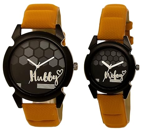 Shocknshop Analogue Round Black Dial Hubby-Wifey Men & Women Couple Watch - Popular Couple Bown Belt-LR32235