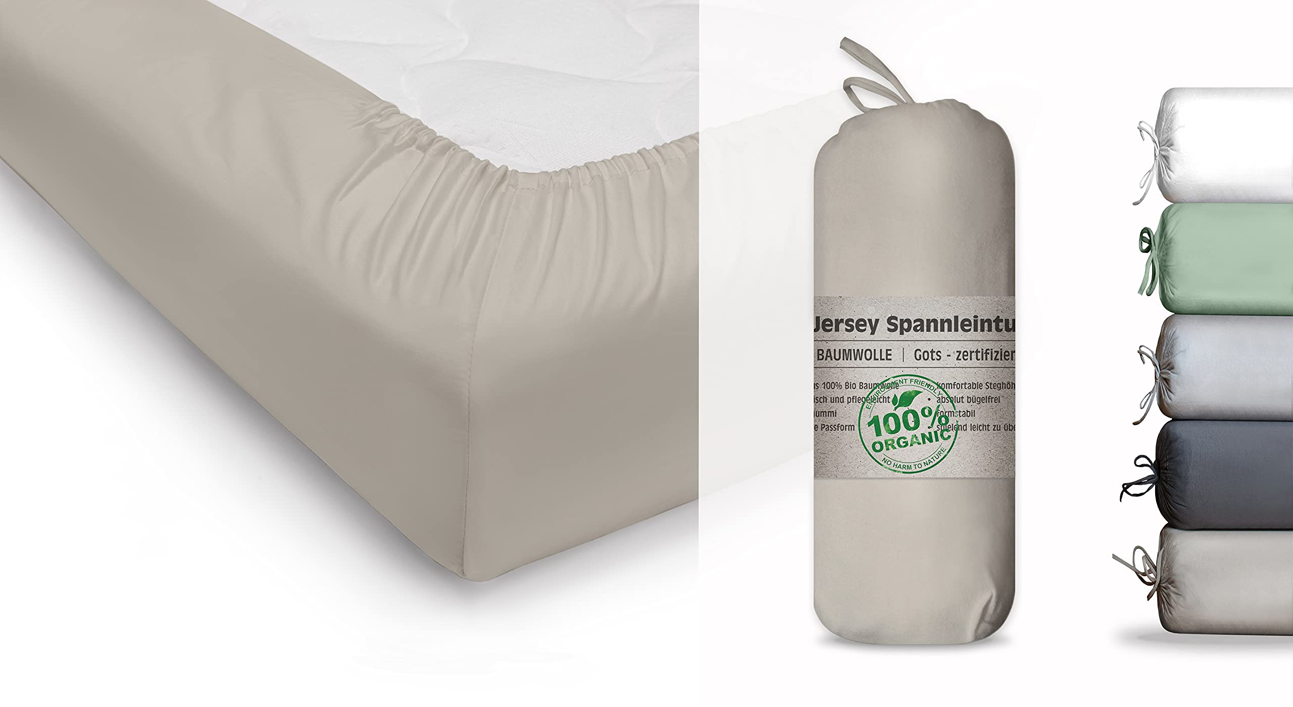 BLUE MOON Organic cotton jersey fitted sheet GOTS-certified Ökotex Made in Green (sand, 140-160x200cm)