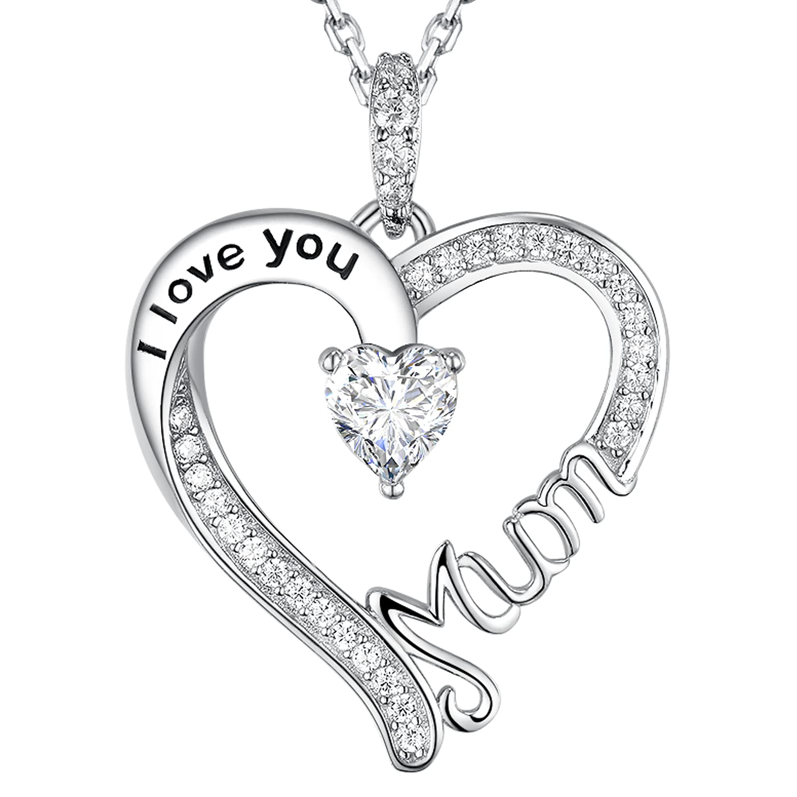 GinoMay Mothers Day Jewellery Gifts for Mum April Birthstone Necklace for Mother I Love You Mum Necklace Simulated Diamond Jewellery Sterling Silver