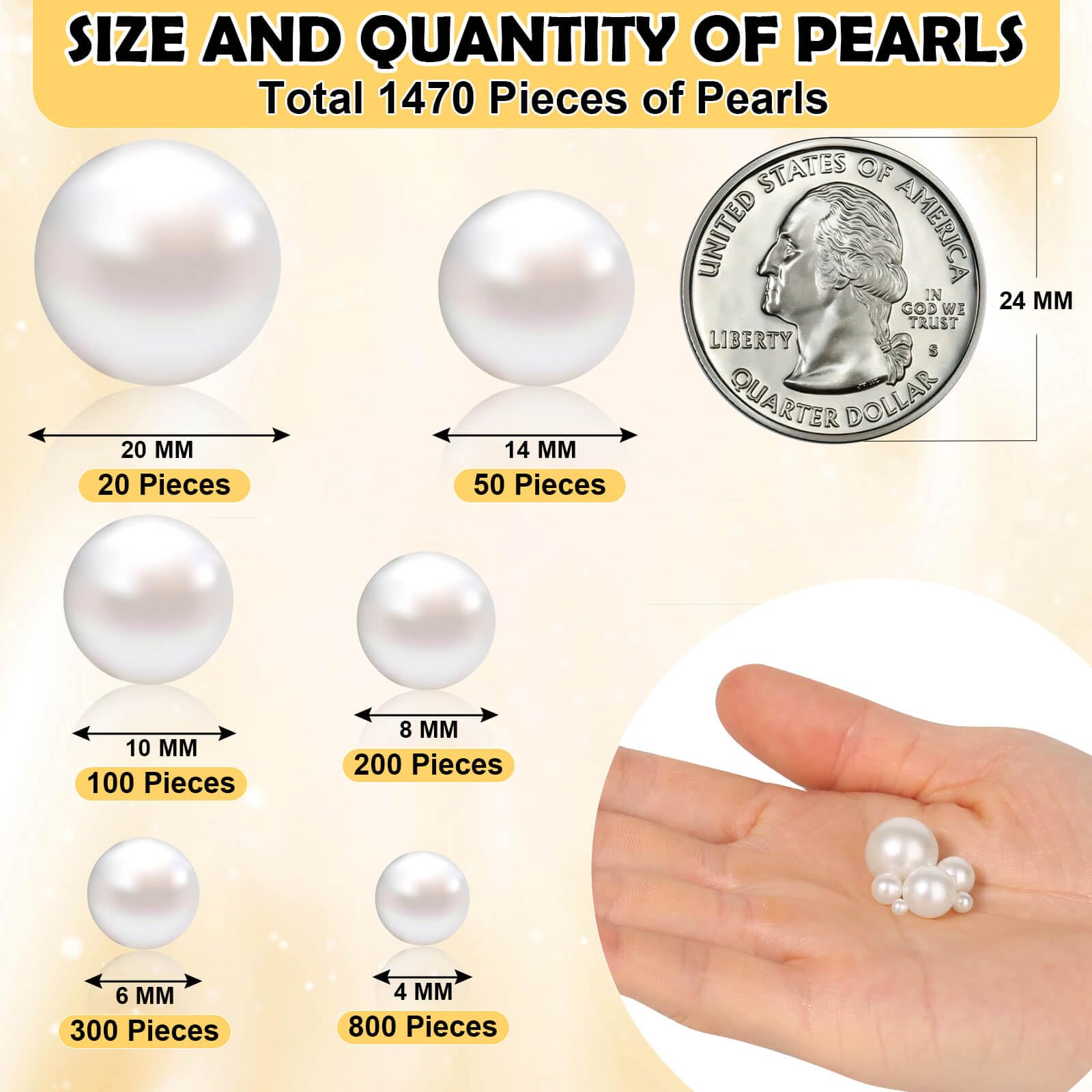 1470PCS Pearls for Crafting, Assorted Sizes Ivory No Hole Pearl Beads,Fake Pearls, Bulk for Floating Candles, Decoration, Vase Filler and Centerpieces