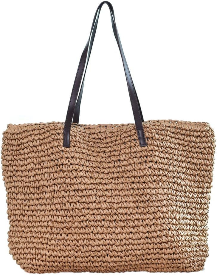 Sornean Large Knitted Straw Bag 100% Handmade Summer Beach Tote Bag Top Magnet Clasp Shoulder Bag