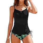 DONWEN Girls Tankini Swimsuit 2 Piece Side Drawstring Tropical Print Bow Tie-Up Girl Bathing Suit for 9-16Y