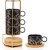 Peohud Set of 4 Espresso Cup with Metal Stand, 6 Ounce Stackable Cappuccino Cups with Saucers, Porcelain Demitasse Espresso M