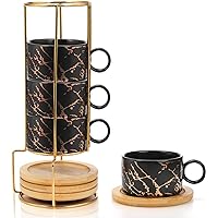 Peohud Set of 4 Espresso Cup with Metal Stand, 6 Ounce Stackable Cappuccino Cups with Saucers, Porcelain Demitasse Espresso M