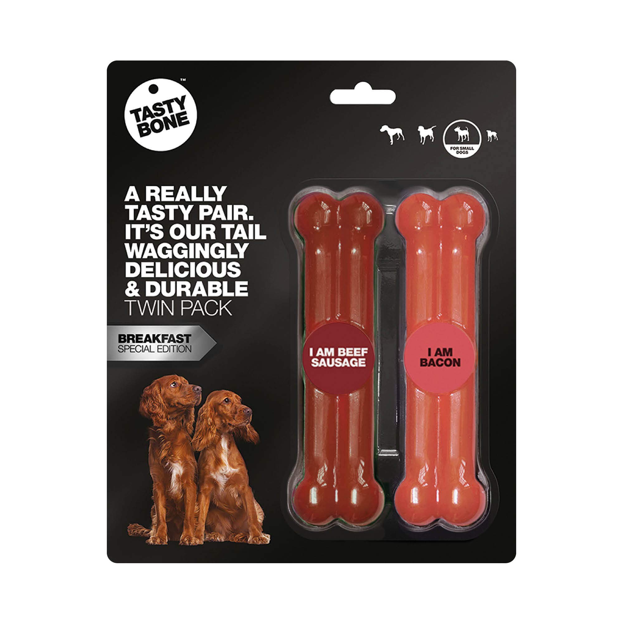 TastyBone Twin Pack Nylon Dog Chew Toys for Small Dogs (Beef Sausage & Bacon) - Indestructible for Aggressive Chewers, Everlasting Flavour, Strong Healthy Teeth, Made in the UK
