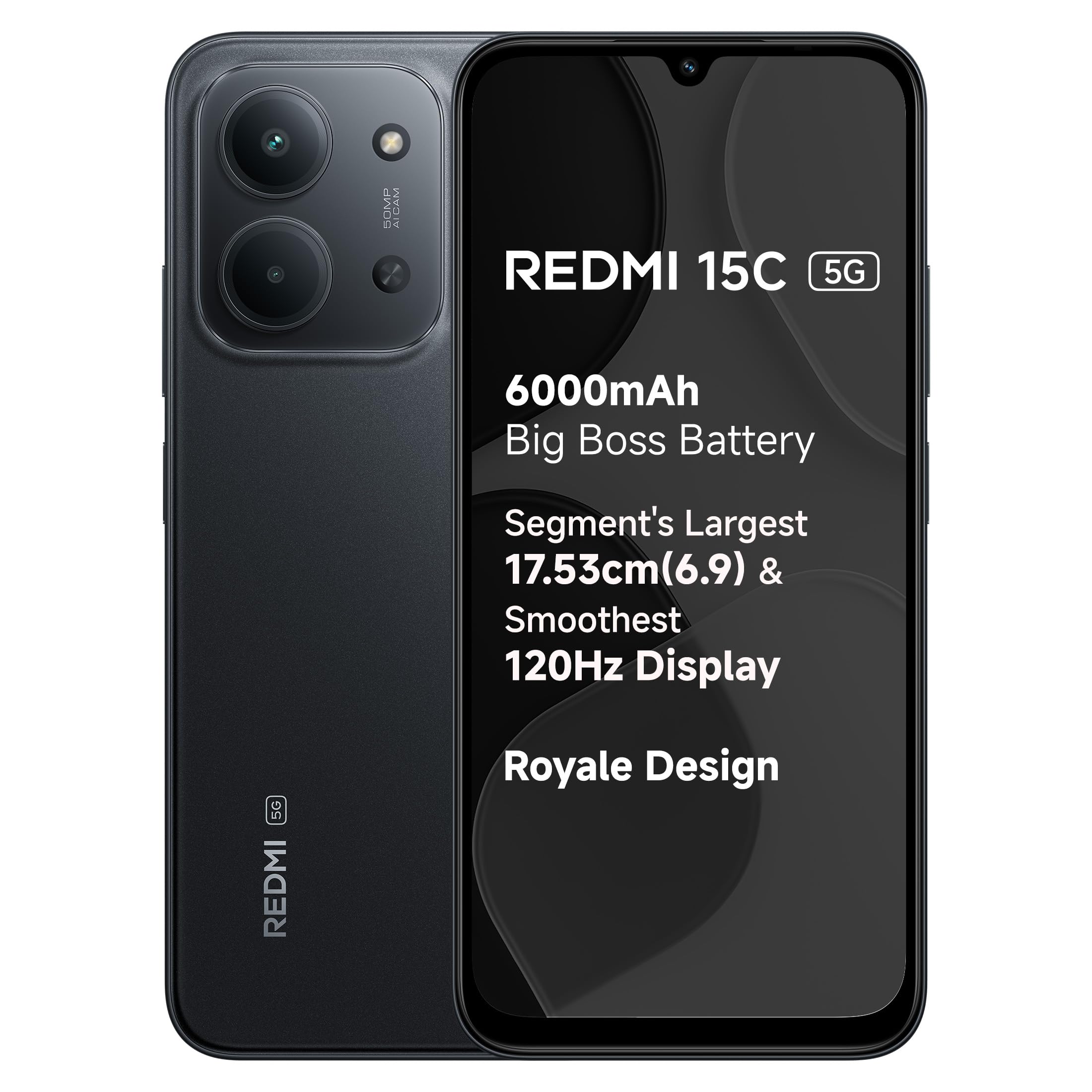 REDMI 15C 5G Midnight Black 6GB + 128GB | Royale Design | Massive 6000mAh Battery | Segment's Largest 17.53cm Display Up to 120Hz | MediaTek Dimensity 6300 | 33W Fast Charging | 50MP AI Dual Camera