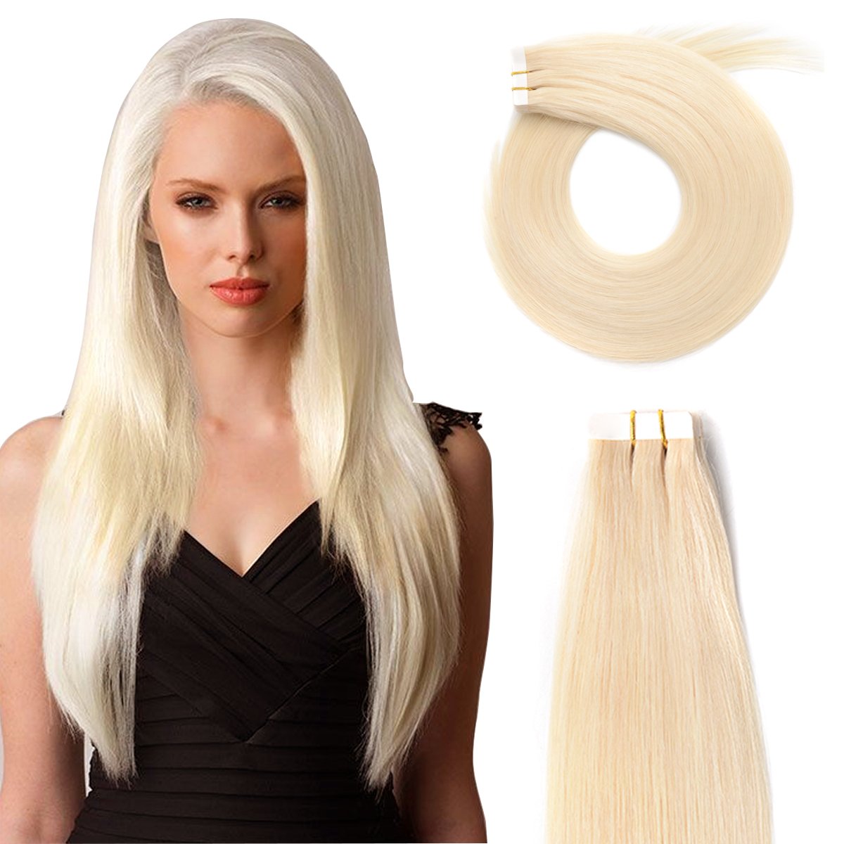 Tape in Hair Extensions Human Hair 20 inch 50g/pack 20pcs Seamless Skin Weft Remy Straight Hair (60#) Platinum Blonde