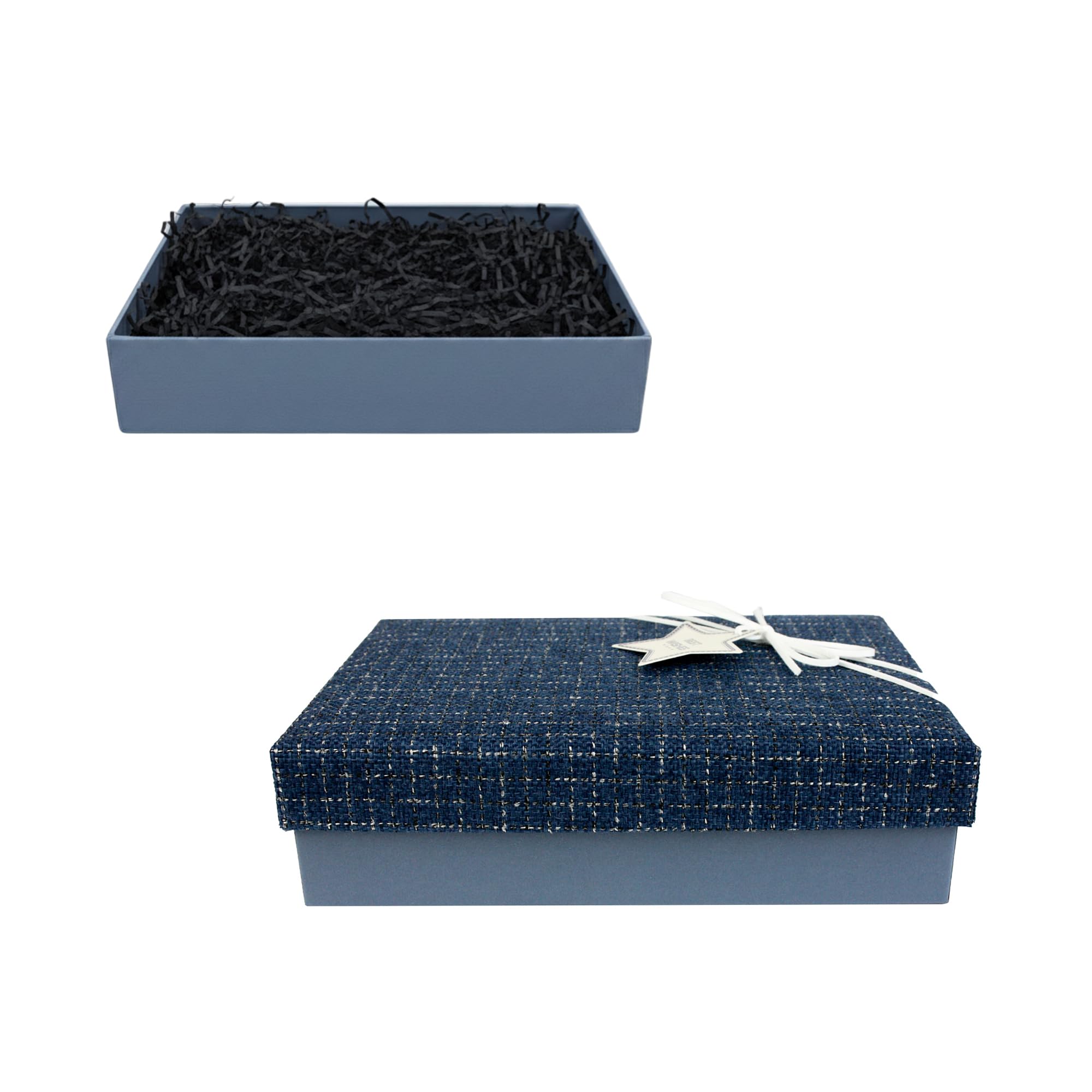 Emartbuy Rigid Gift Box, 24.5 x 17 x 6.5 cm, Blue Box with Textured Fabric Blue Lid, Suede Decorative Ribbon and 50g Shredded Paper in Black